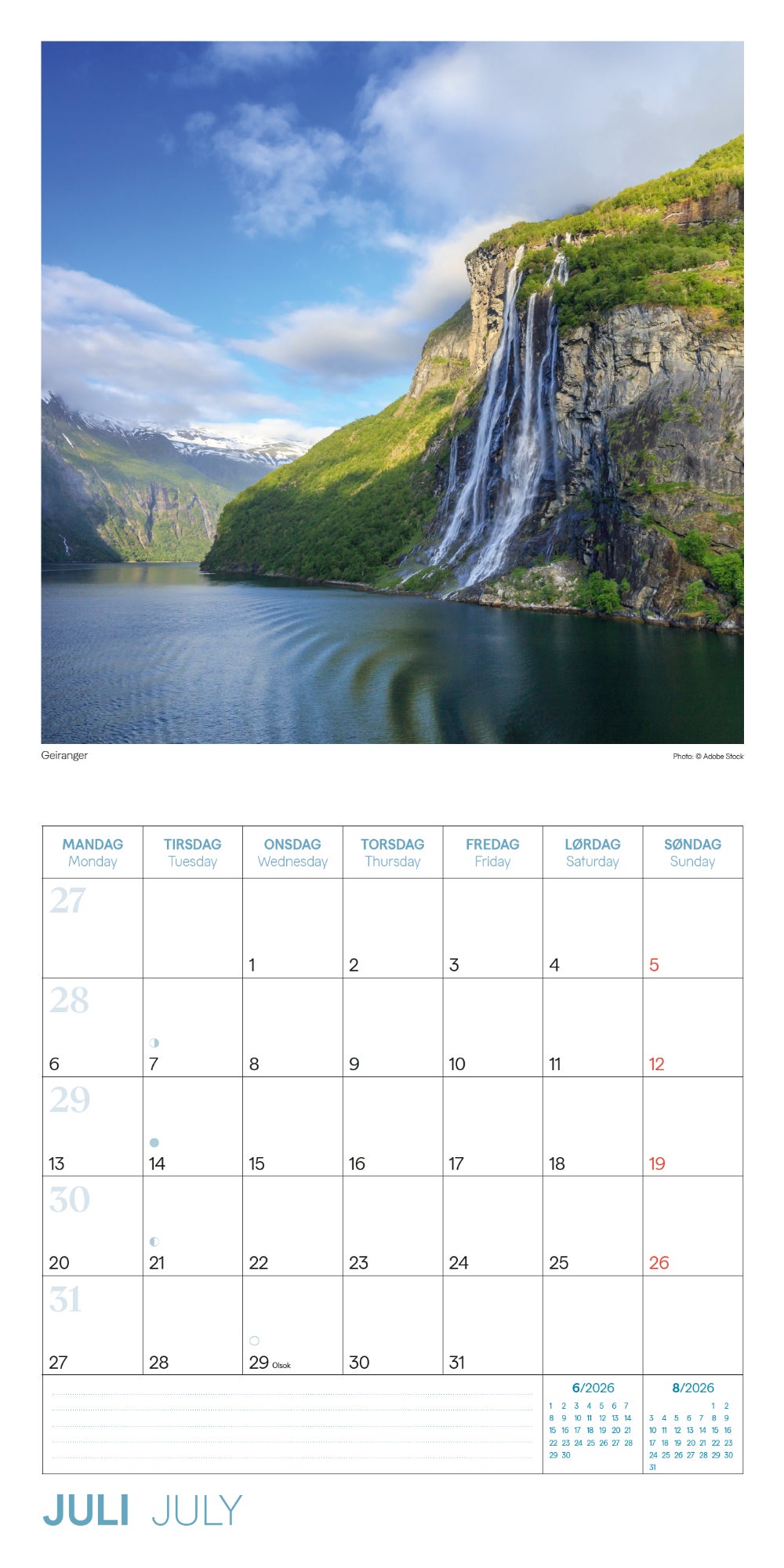 Kalender 2026 Norge 30X30Cm