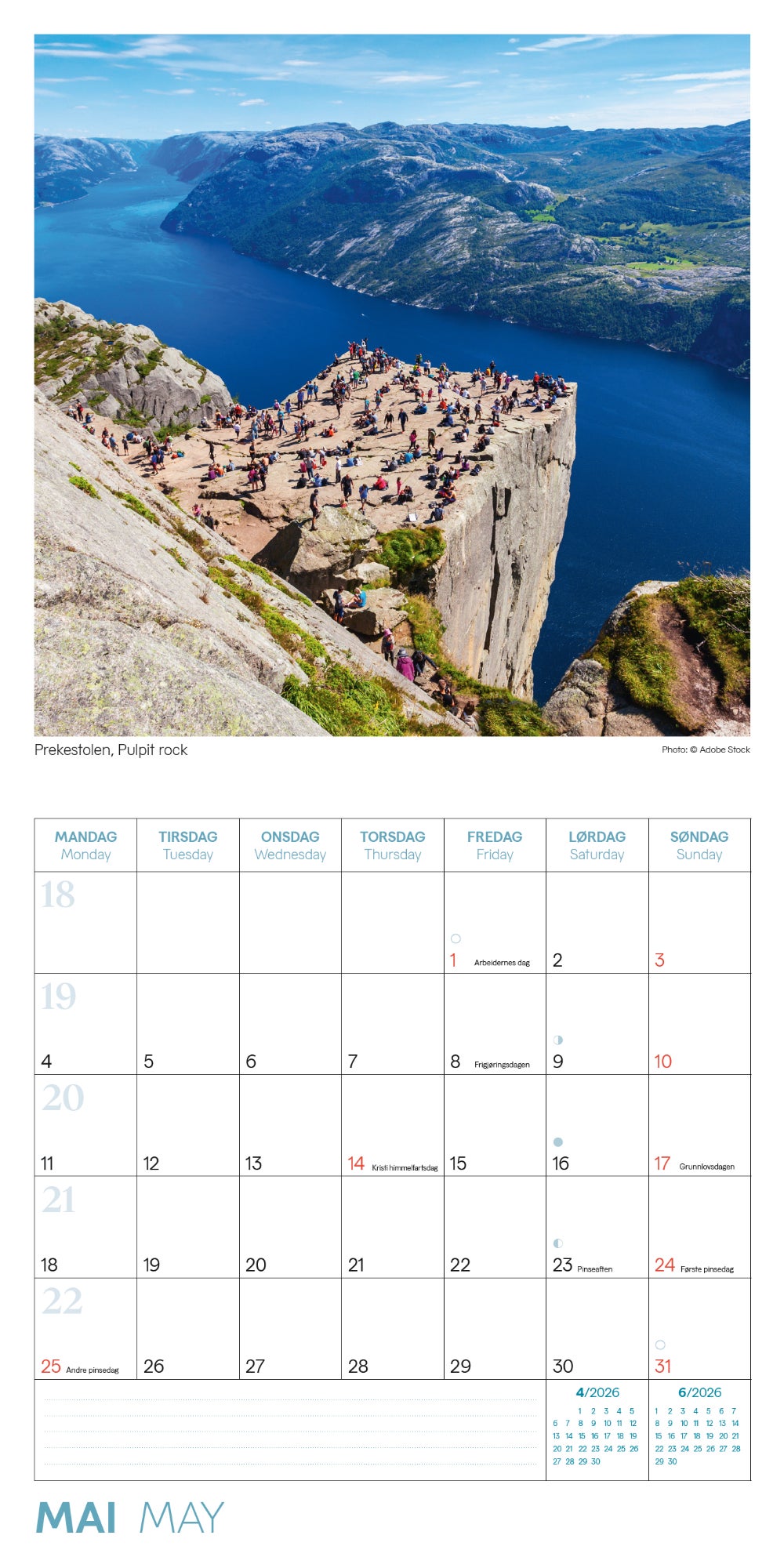 Kalender 2026 Norge 18X18Cm