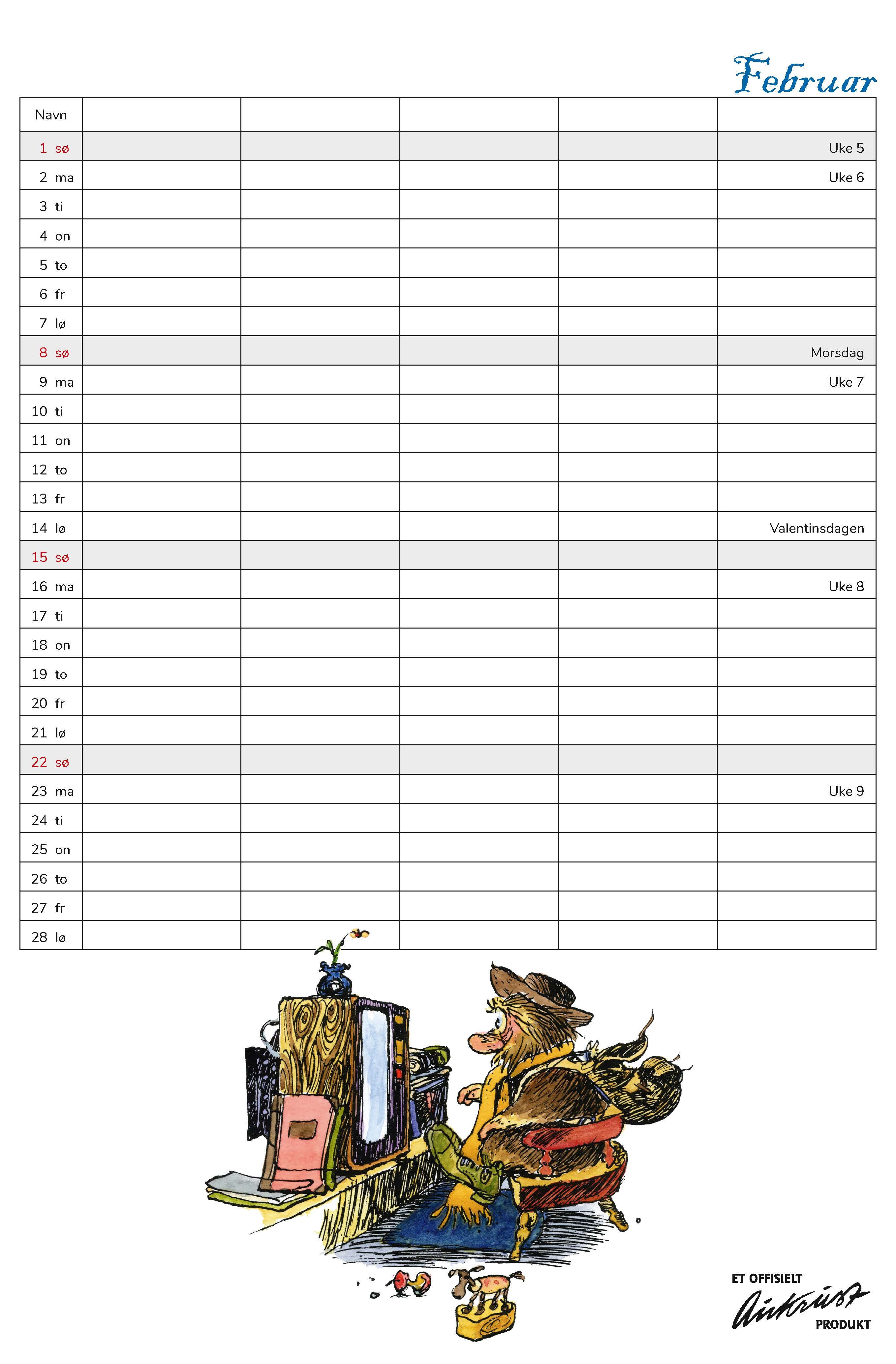 Kalender 2026 Flåklypa 23X34Cm