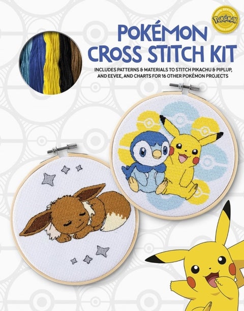 PokeMon Cross Stitch Book & Kit - Includes Patterns and Materials to Stitch Pikachu & Piplup, & Eevee, and Charts for 16 Other PokeMon Projects