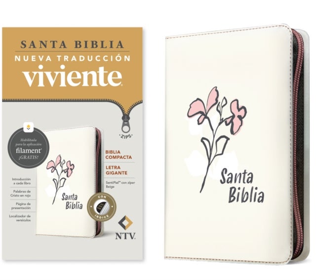 Biblia compacta NTV, letra gigante de zíper con Filament  (SentiPiel, Beige, Índice, Letra Roja)