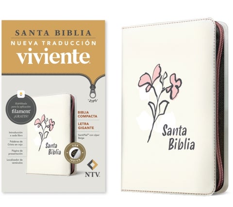 Biblia compacta NTV, letra gigante de zíper con Filament (SentiPiel, Beige, Índice, Letra Roja)