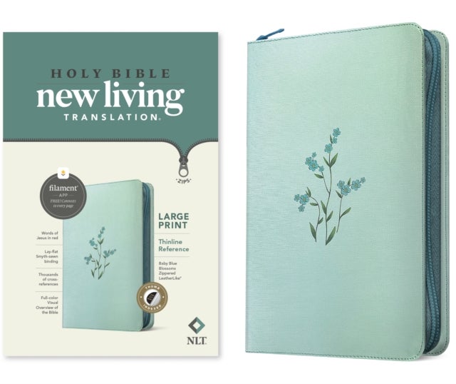 NLT Large Print Thinline Reference Zipper Bible, Filament Enabled (LeatherLike, Baby Blue Blossoms, Indexed, Red Letter)