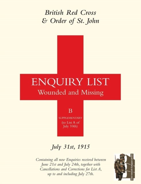 BRITISH RED CROSS AND ORDER OF ST JOHN ENQUIRY LIST FOR WOUNDED AND MISSING - July 31st 1915