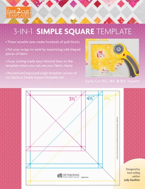 fast2cut 3-in-1 Simple Square Template - Easily Cut 3 1/2 ", 4 1/2 " & 5 1/2 " Squares