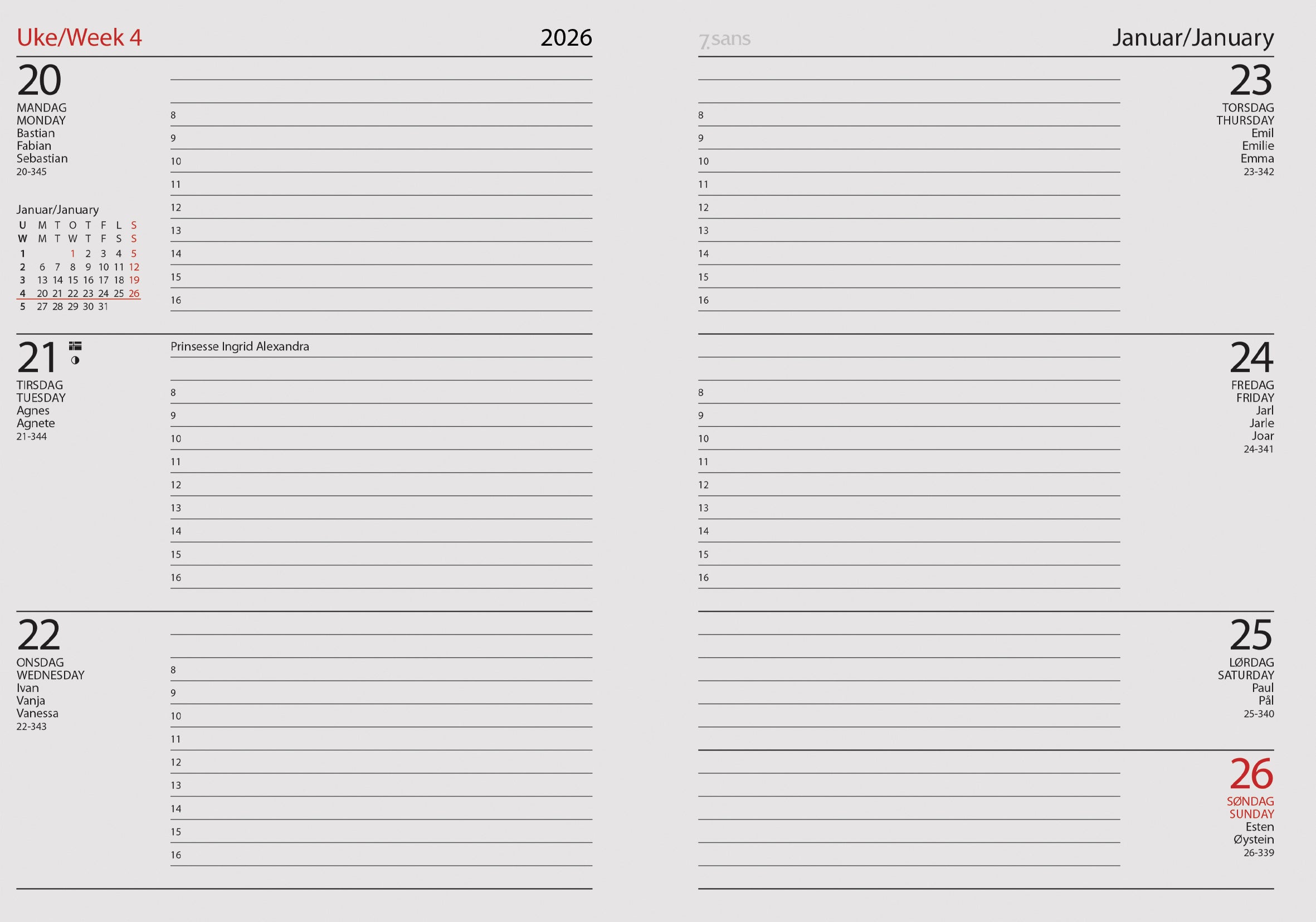 Kalender 2026 7.Sans Datum A5