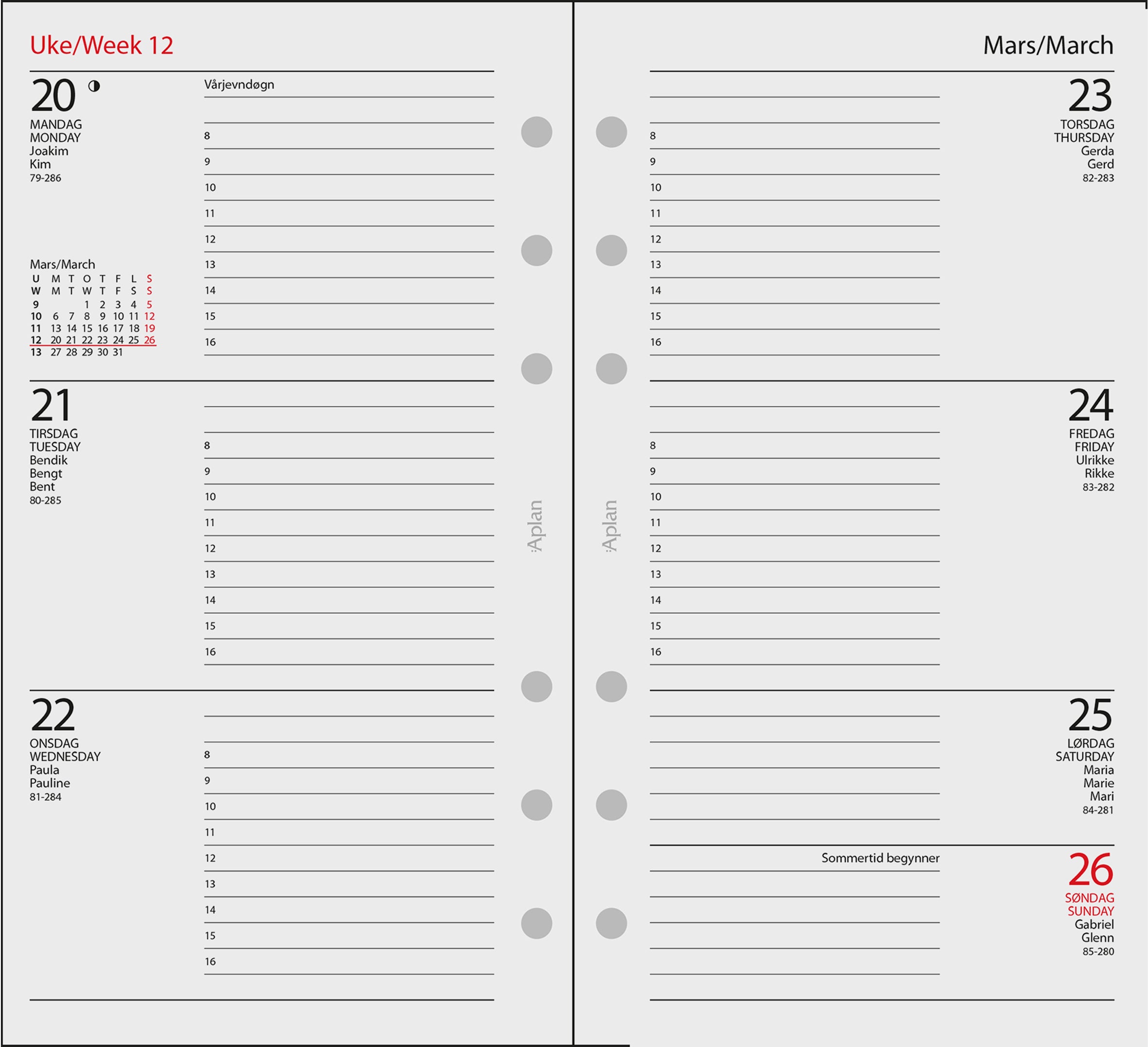 Kalender 2026 Aplan A6 Time Uke Årssett
