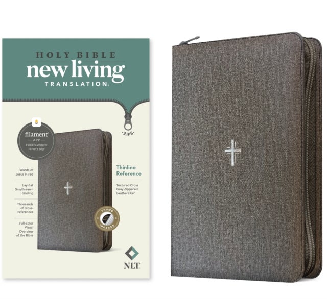 NLT Thinline Reference Zipper Bible, Filament Enabled (Leatherlike, Textured Cross Gray, Indexed, Red Letter)
