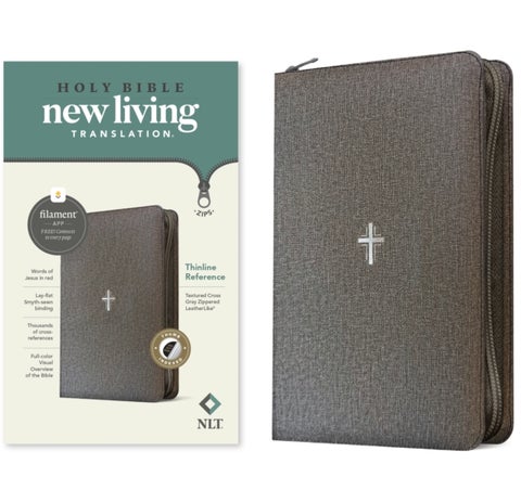 NLT Thinline Reference Zipper Bible, Filament Enabled (Leatherlike, Textured Cross Gray, Indexed, Red Letter)