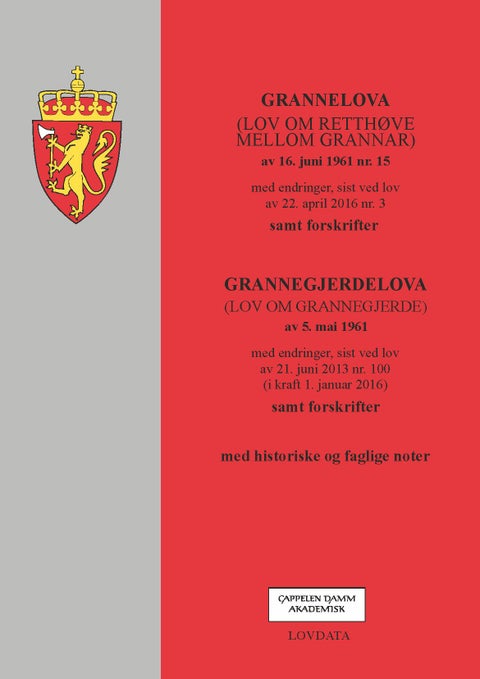 Grannelova ; Grannegjerdelova : (lov om grannegjerde) av 5. mai 1961 : med endringer, sist ved lov a - (lov om retthøve mellom grannar) av 16. juni 1961 nr. 15 : med endringer, sist ved lov av 22. april 2016 nr. 3 :