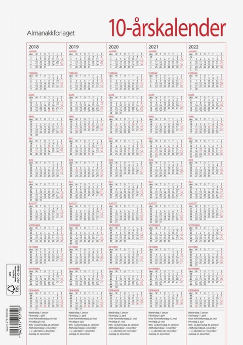 Tiårskalender A4. 2020/2029 2020