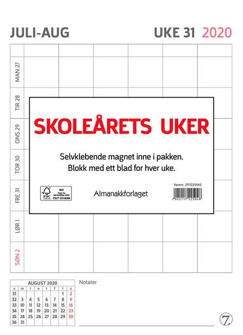 VeggkalenderSkoleårets Uker 20/21 - Innbundet