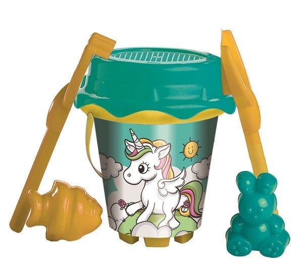 Bøtte Unicorn med spade, sil, rive og former