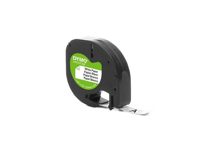 Tape Dymo Letratag 12mm papir sort/hvit
