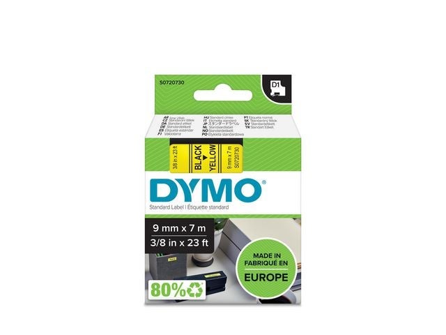 Tape Dymo D1 9mm x 7m sort/gul