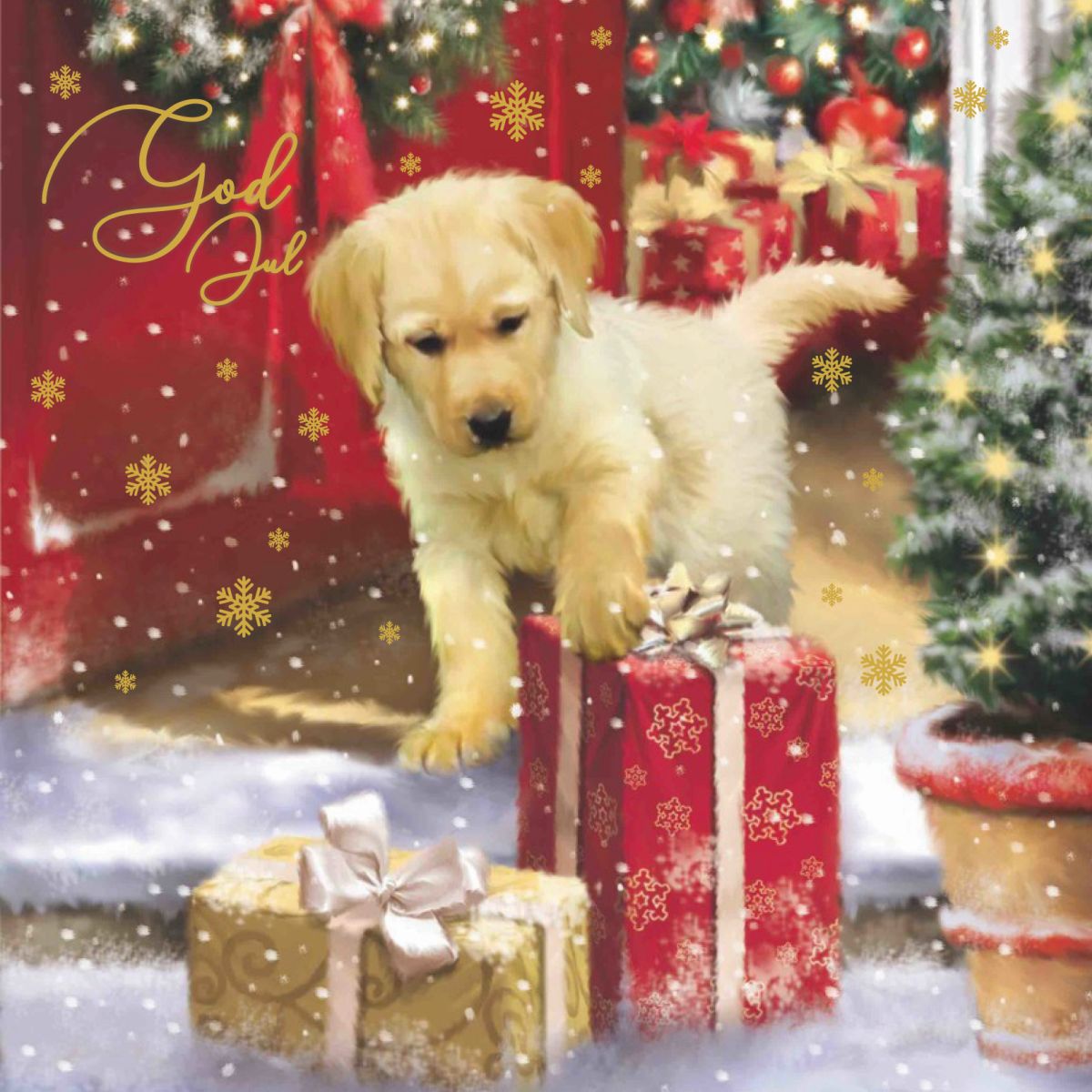 Julekort kvadratisk 6 pk Hund v juletre