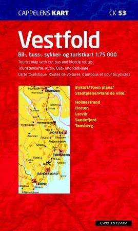 Vestfold - bil-, buss-, sykkel- og turistkart = tourist map with car, bus and bicycle routes = Touristenkarte : Auto-, Bus- und Radwäge = carte touristique : routes de voitures, d'autobus et pour bicyclistes : bykart/town plans/Stadtpläne/plans de ville: Holmestrand