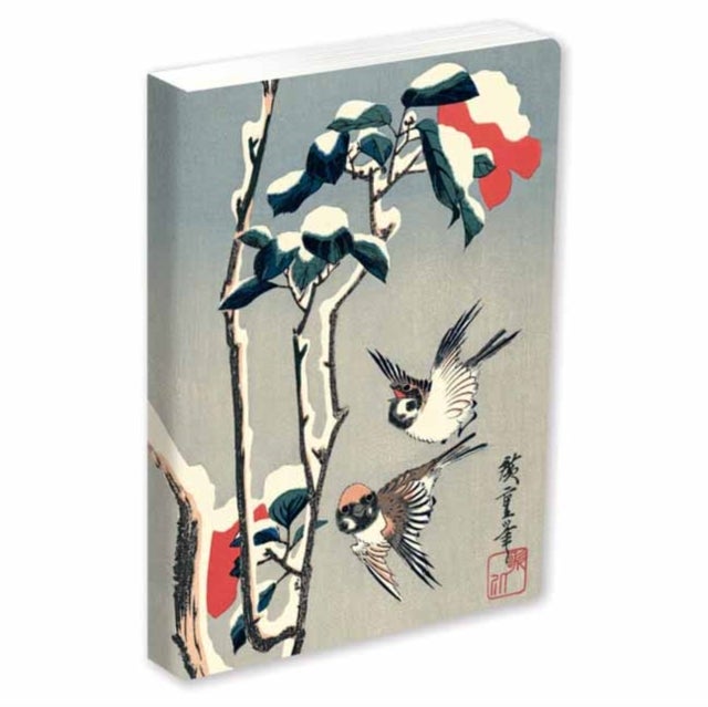 Journal Sparrows and Camellia in Snow by Hiroshige, Lined PB - Blank Lined 144 Page A5 Notebook