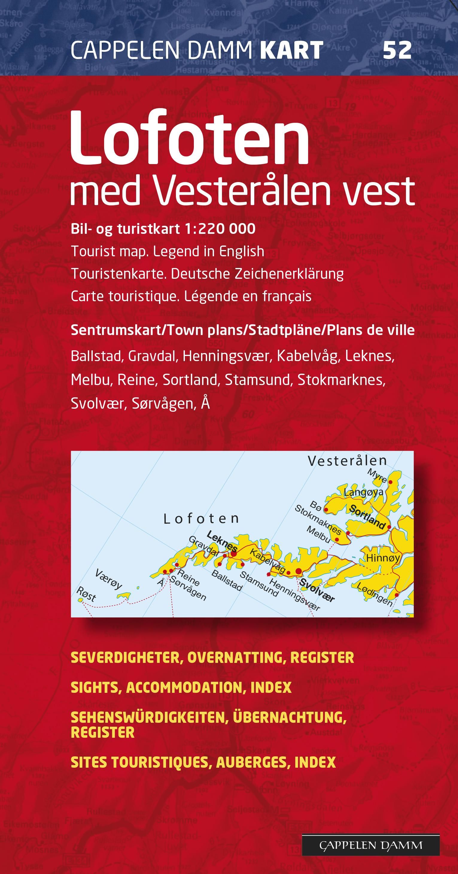 Lofoten med Vesterålen vest - bil- og turistkart = tourist map = Touristenkarte = carte touristique : sentrumskart = town plans = Stadtpläne = plans de ville : Ballstad, Gravdal, Henningsvær, Kabelvåg, Leknes, Melbu, Rei