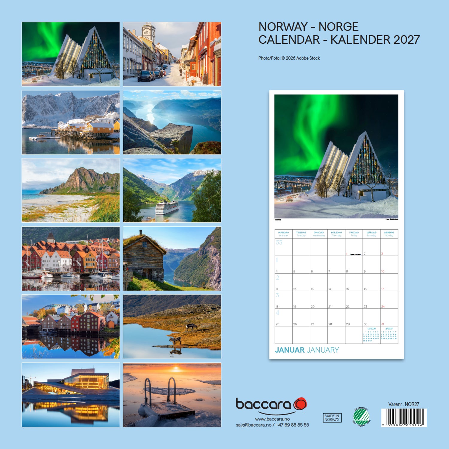 Kalender 2027 Norge 30x30cm
