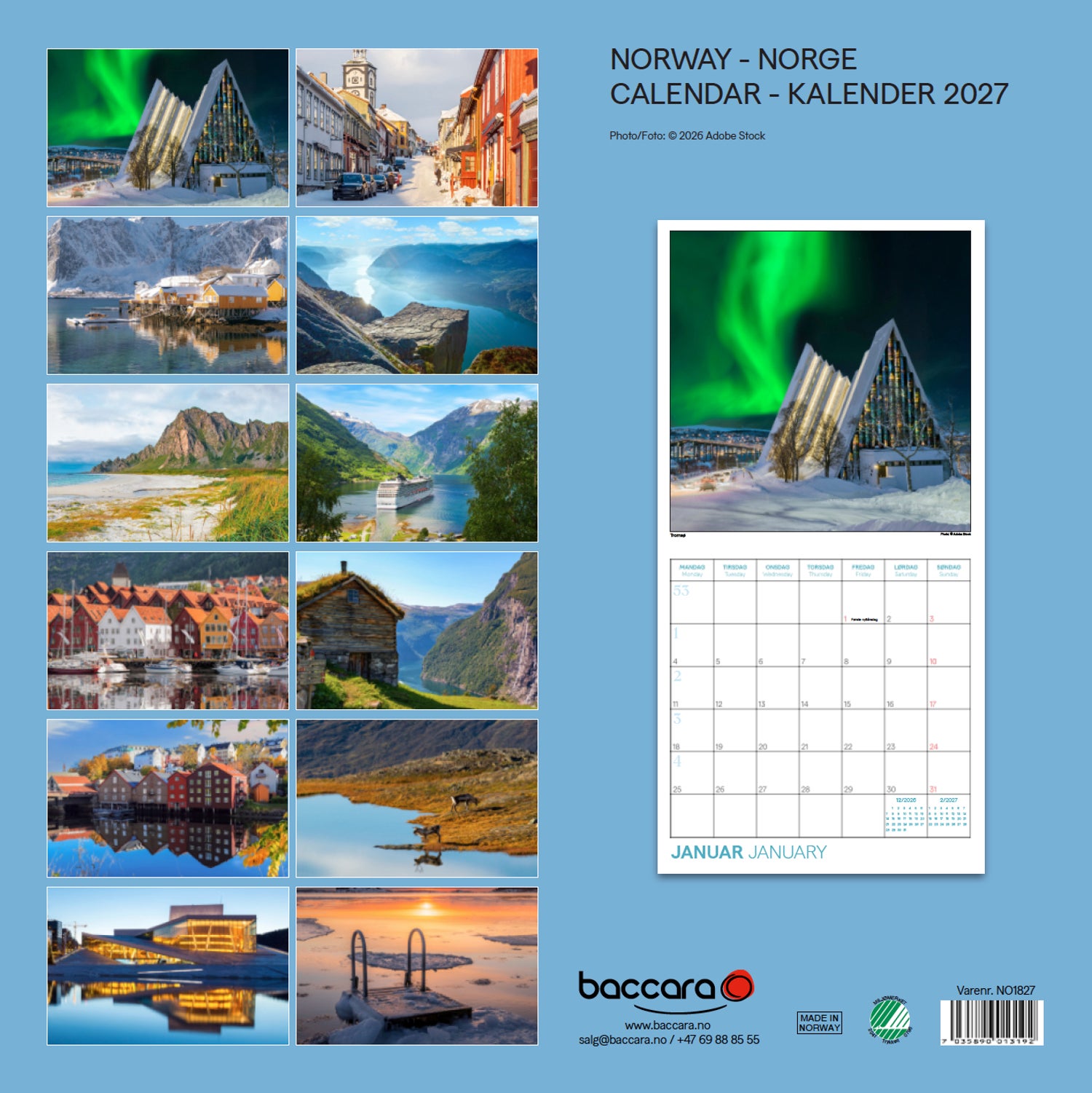 Kalender 2027 Norge 18x18cm