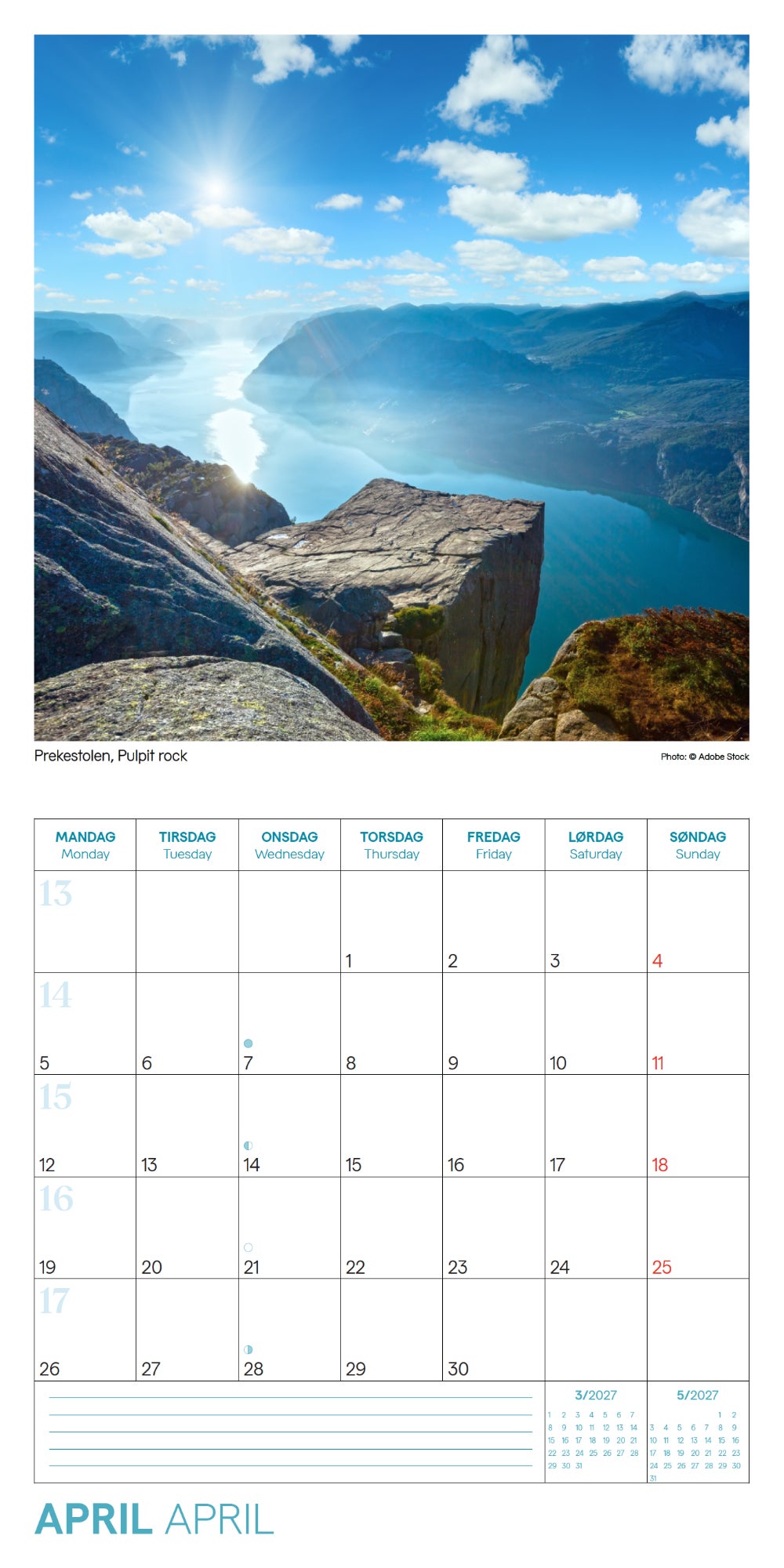 Kalender 2027 Norge 18x18cm