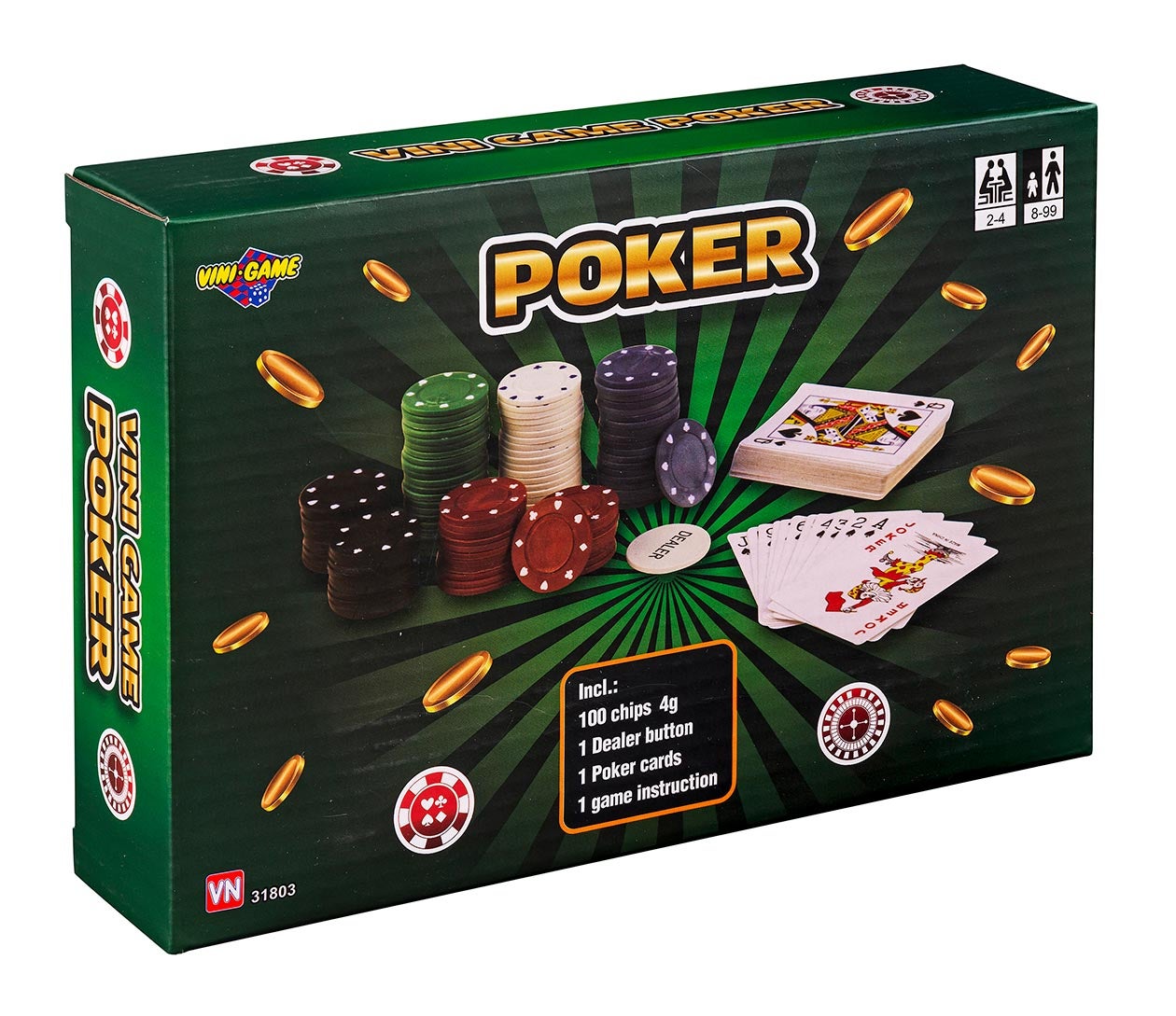 Spill poker sett med kort og 100 chips