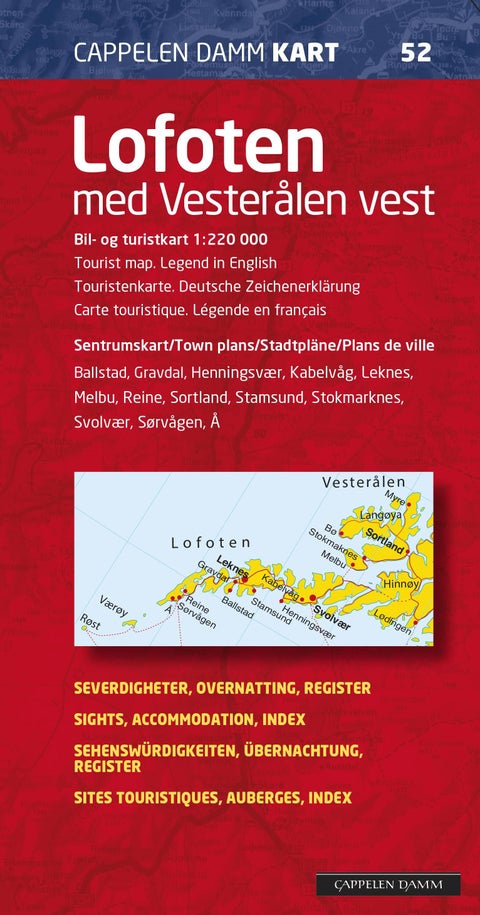 Lofoten med Vesterålen vest - bil- og turistkart = tourist map = Touristenkarte = carte touristique : sentrumskart = town plans = Stadtpläne = plans de ville : Ballstad, Gravdal, Henningsvær, Kabelvåg, Leknes, Melbu, Reine, Sortland, Stamsund, Stokmarknes, Svolvær, Sørvågen, Å