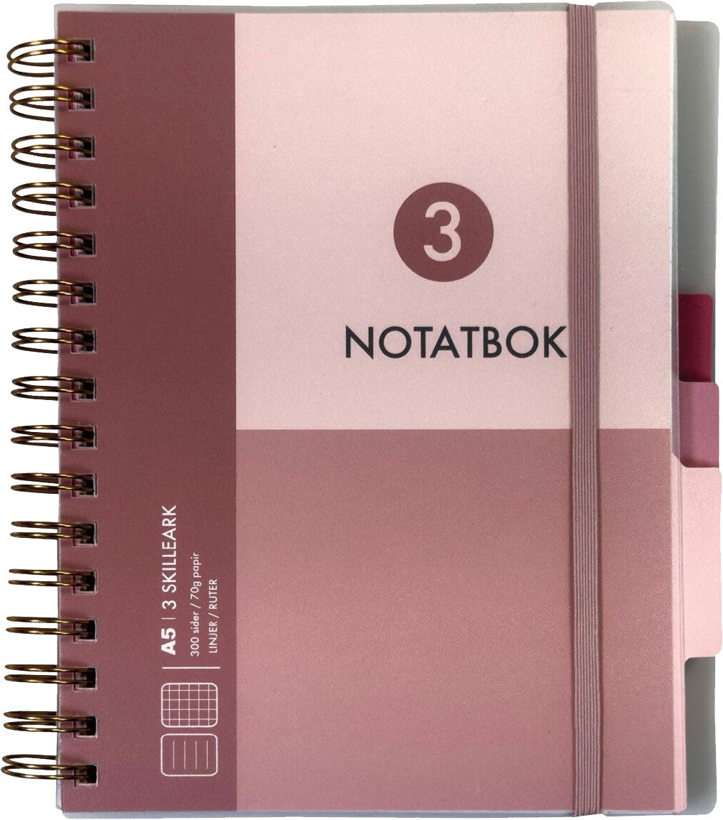 Notatbok med 3 skilleark Norli A5 rosa 300 sider