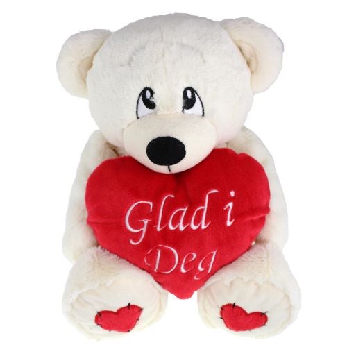 Bamse Hvit Sittende 30Cm M/Hjerte "Glad I Deg"