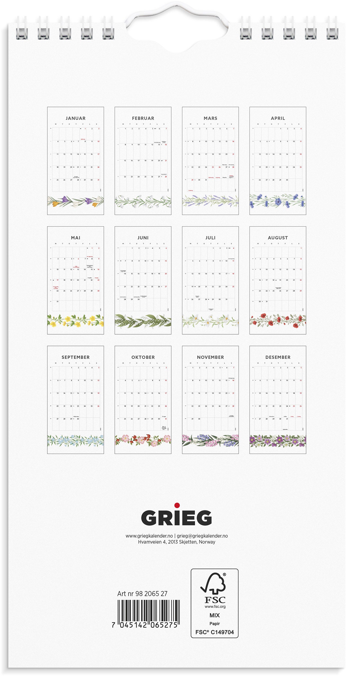 Veggkalender Grieg 2027 Blomster Mini