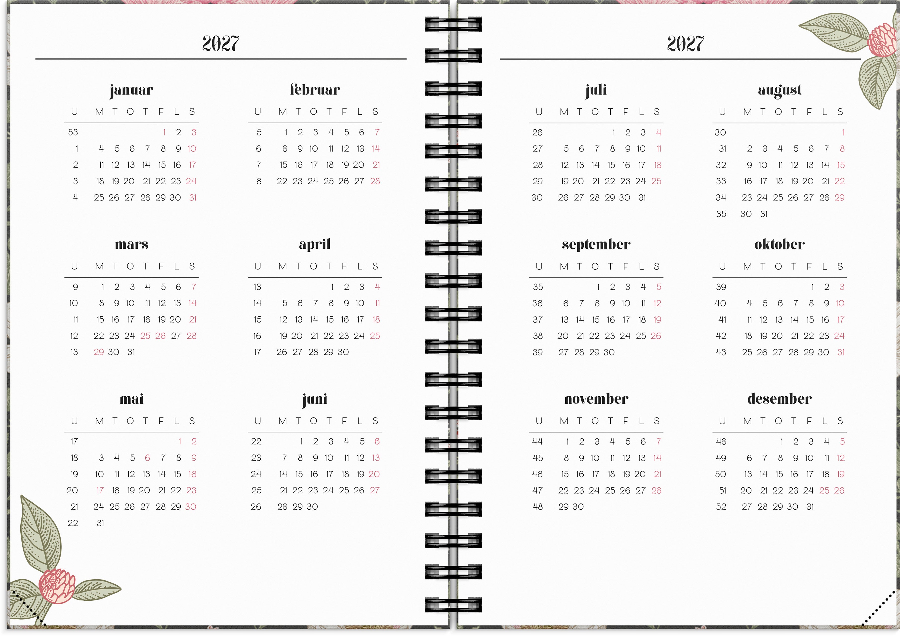 Ukekalender Life Planner 2027 Floral A6
