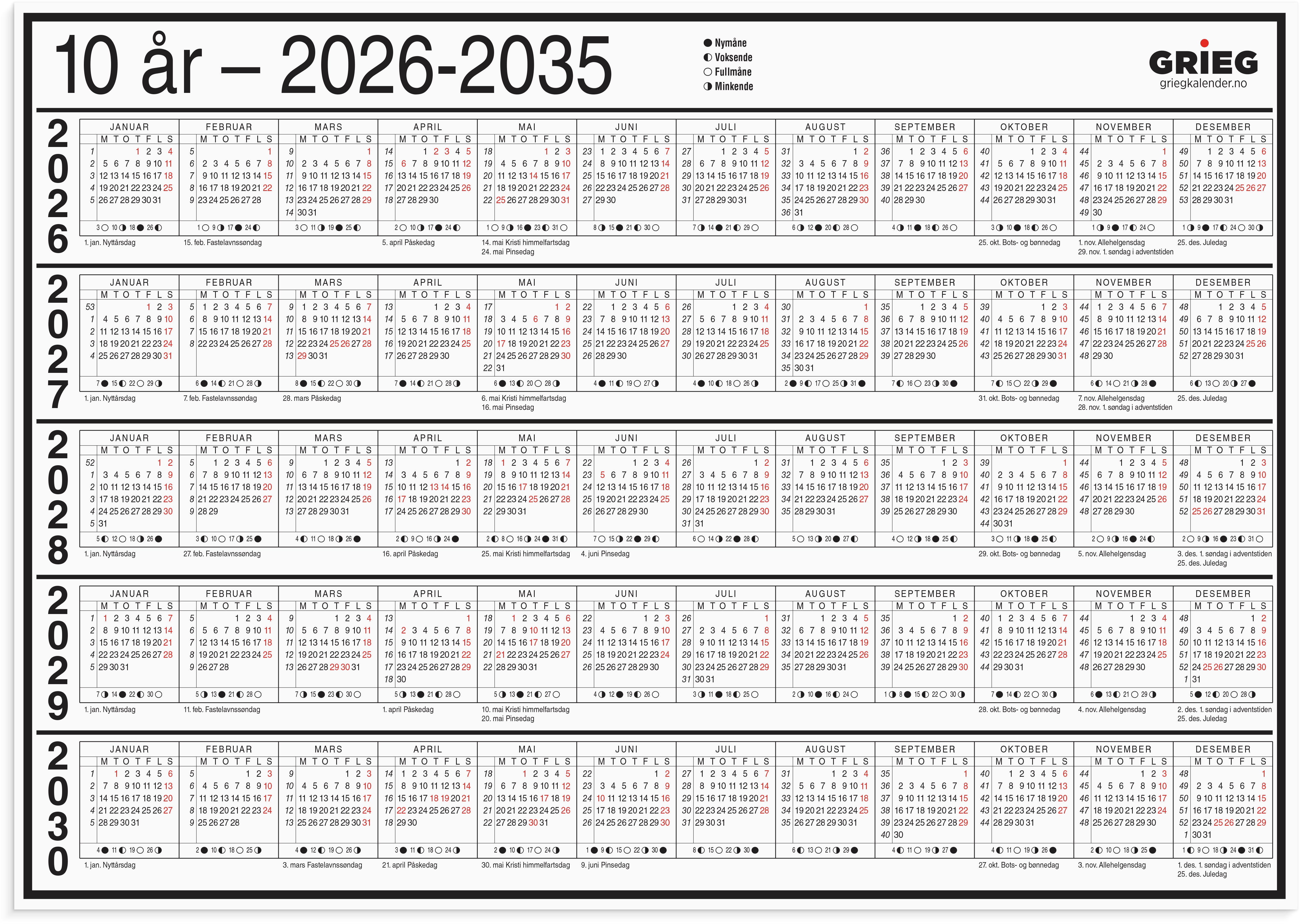 Platekalender Grieg A4 10 år 2026-2035