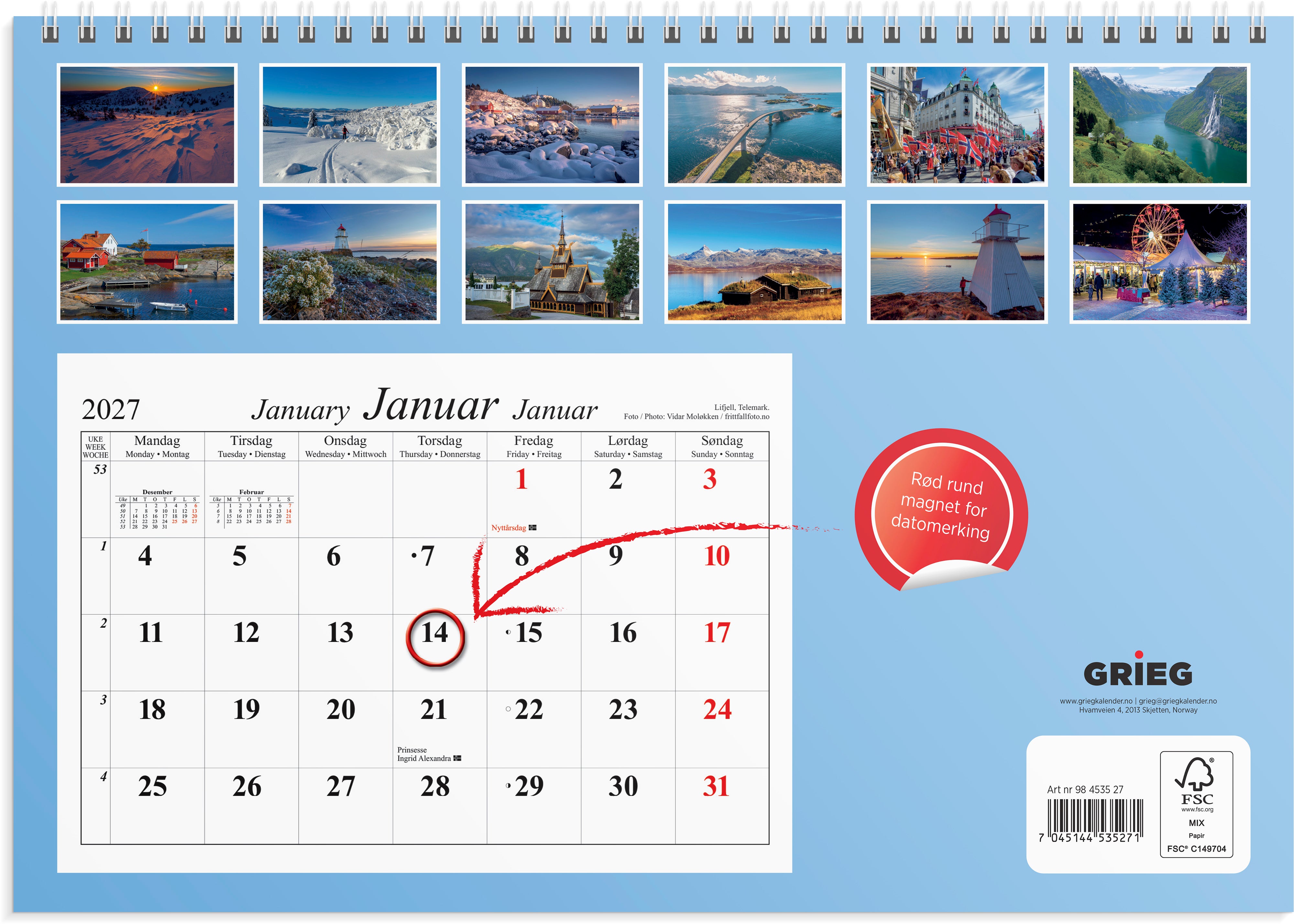 Magnetkalender Grieg 2027 Vakre Norge