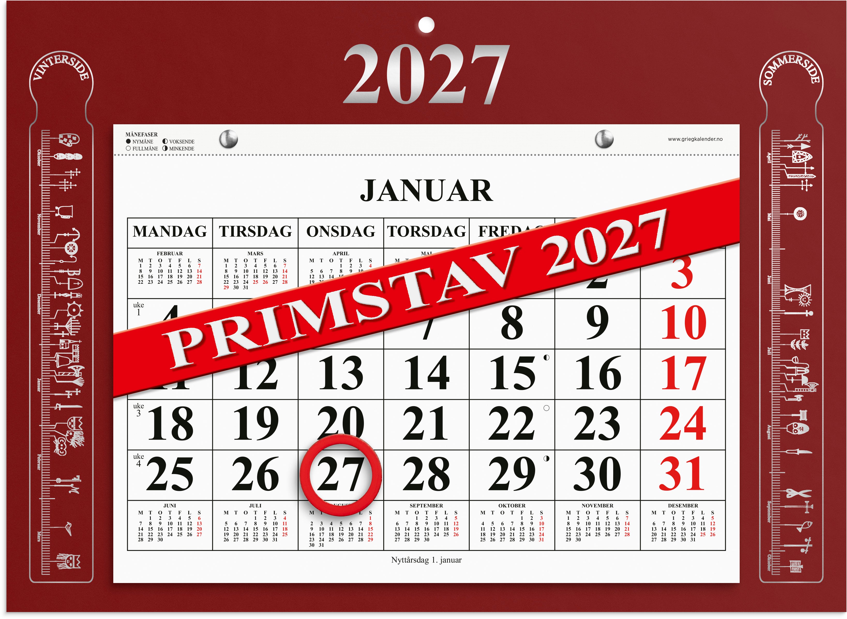 Magnetkalender Grieg 2027 Primstav rød