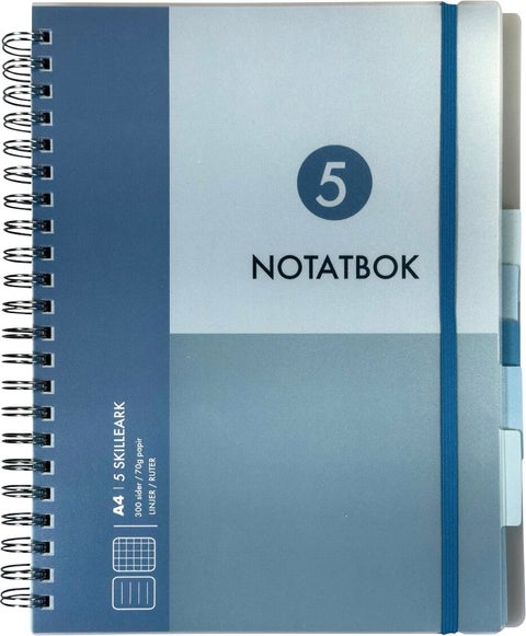 Notatbok med 5 skilleark Norli A4 blå 300 sider