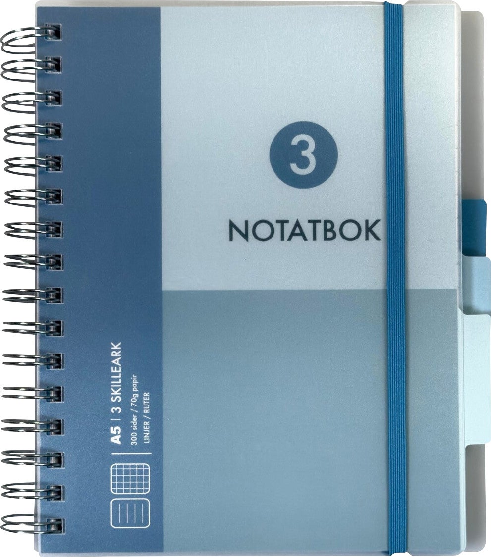 Notatbok med 3 skilleark Norli A5 blå 300 sider