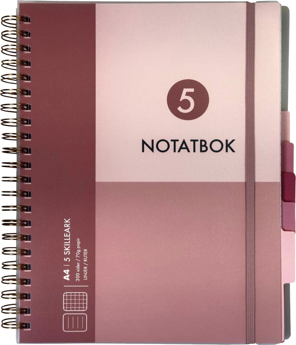Notatbok med 5 skilleark Norli A4 rosa 300 sider