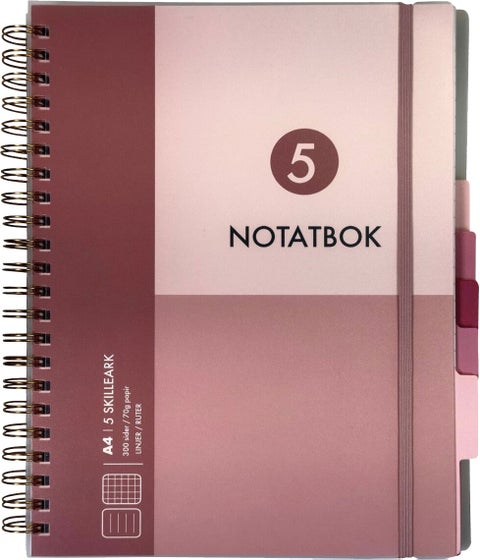 Notatbok med 5 skilleark Norli A4 rosa 300 sider