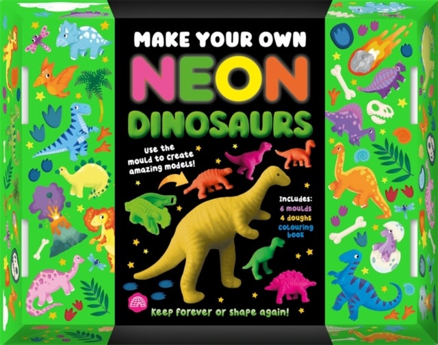 Make Your Own Neon Dinosaurs - A toy and book box set with 6 dino moulds and 4 neon doughs!