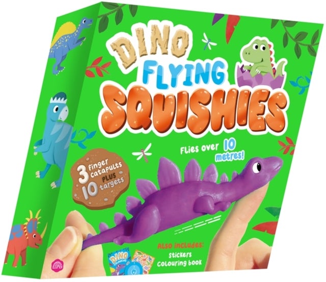 Dino Flying Squishies - A toy and book box set with 3 dinosaur finger-catapult squishies!