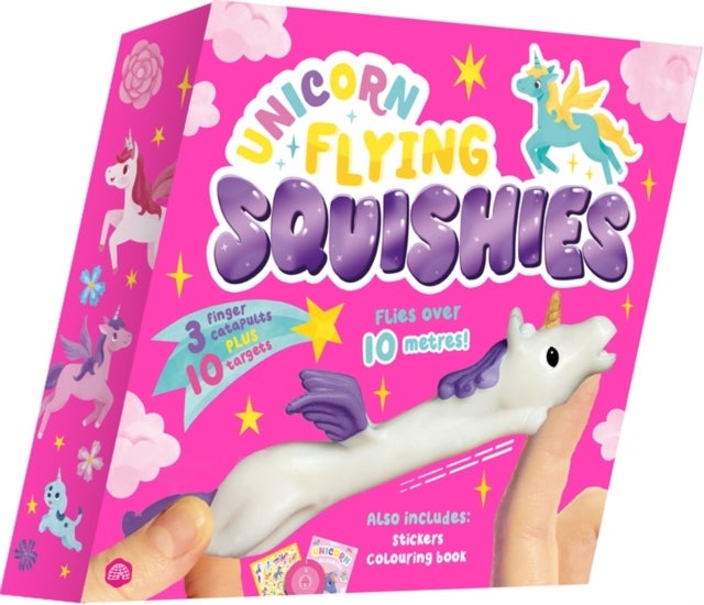 Unicorn Flying Squishies - A toy and book box set with 3 unicorn finger-catapult squishies!