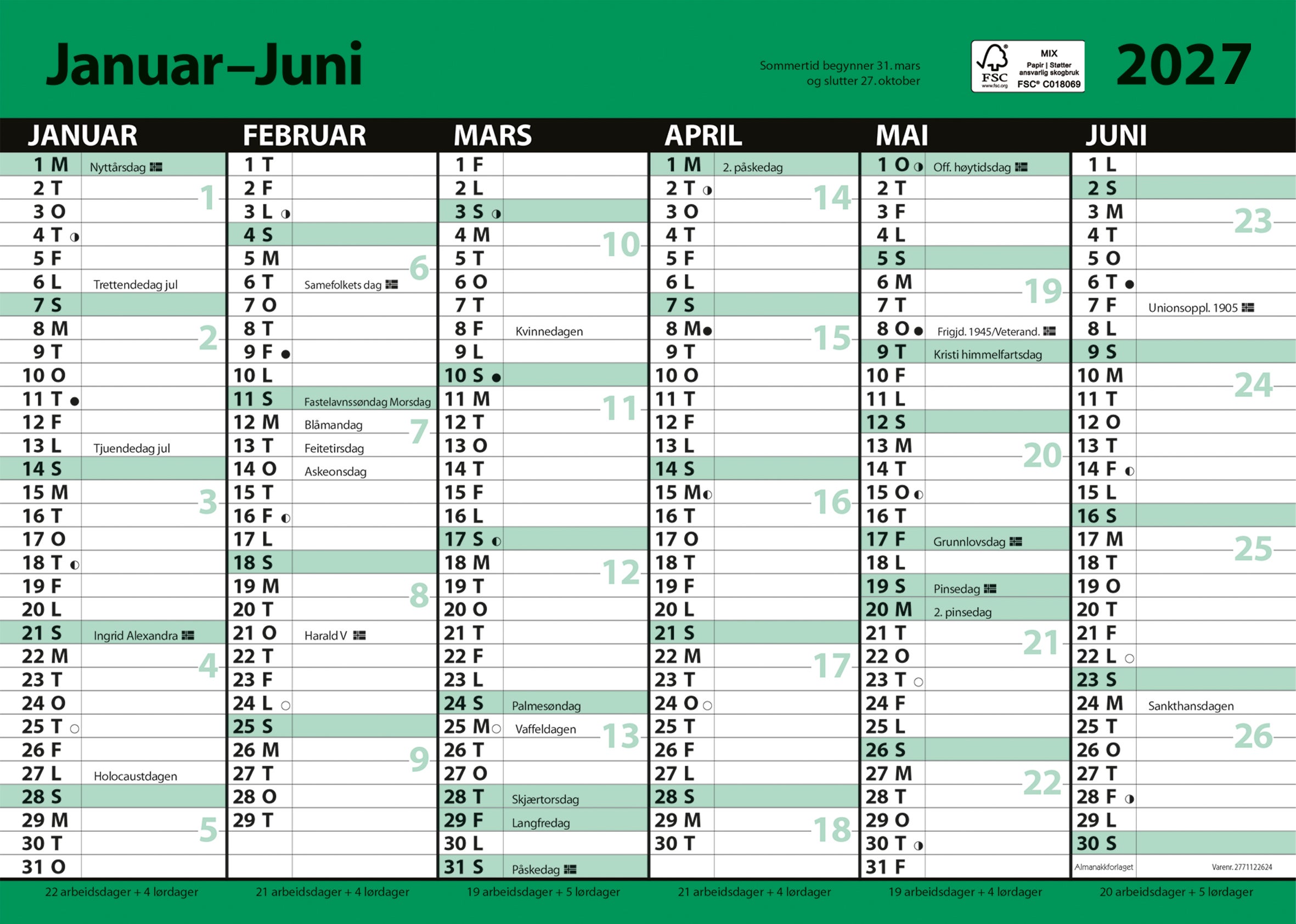 Kalender 2027 7.Sans Kontorkalender, Enkel A4 Med Linjer