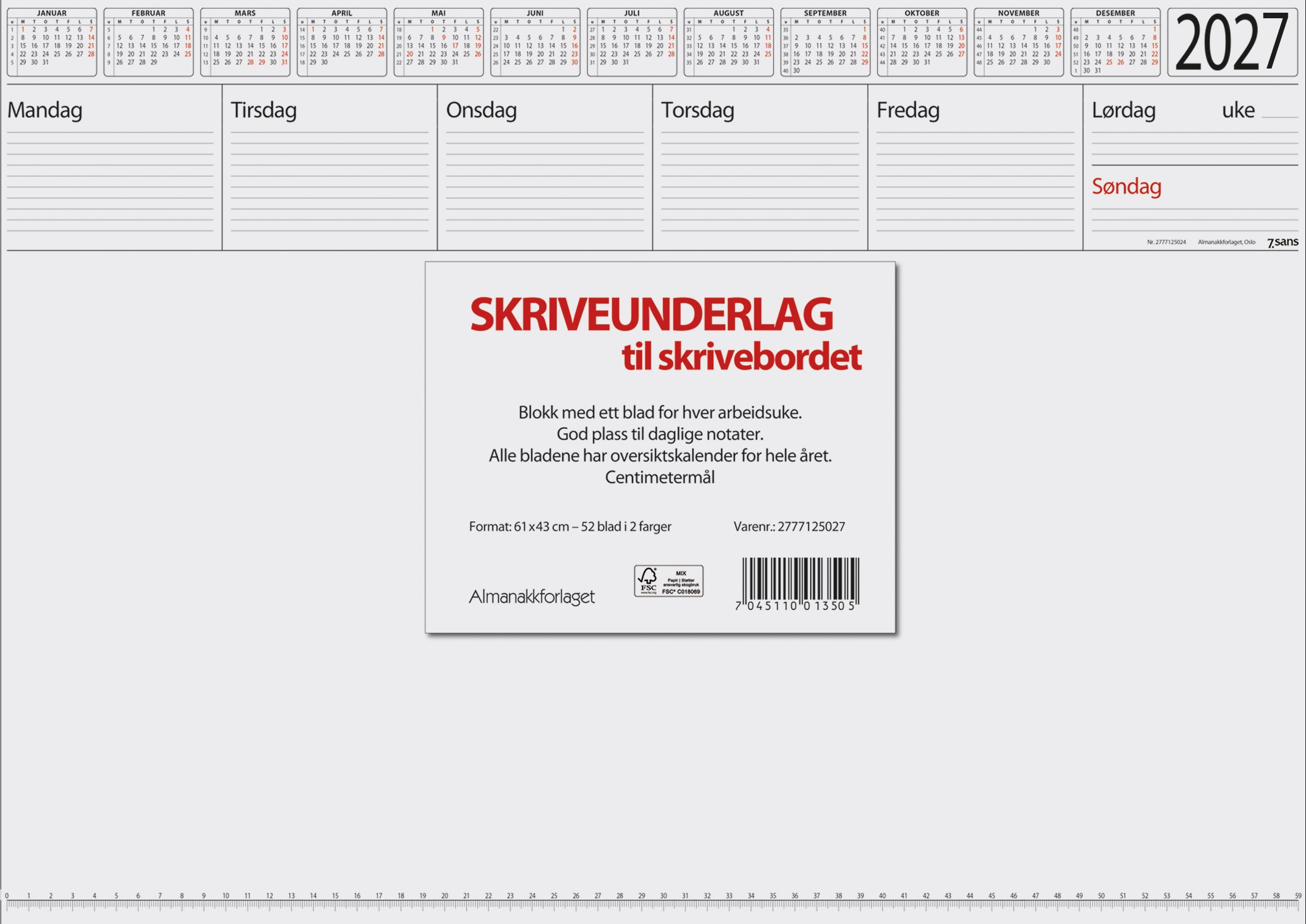 Kalender 2027 7.Sans Skriveunderlag I Papir