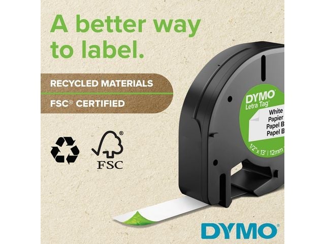 Tape Dymo Letratag 12mm papir sort/hvit