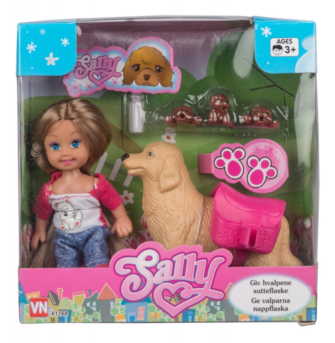 Dukke Sally m/hund og 3 valper