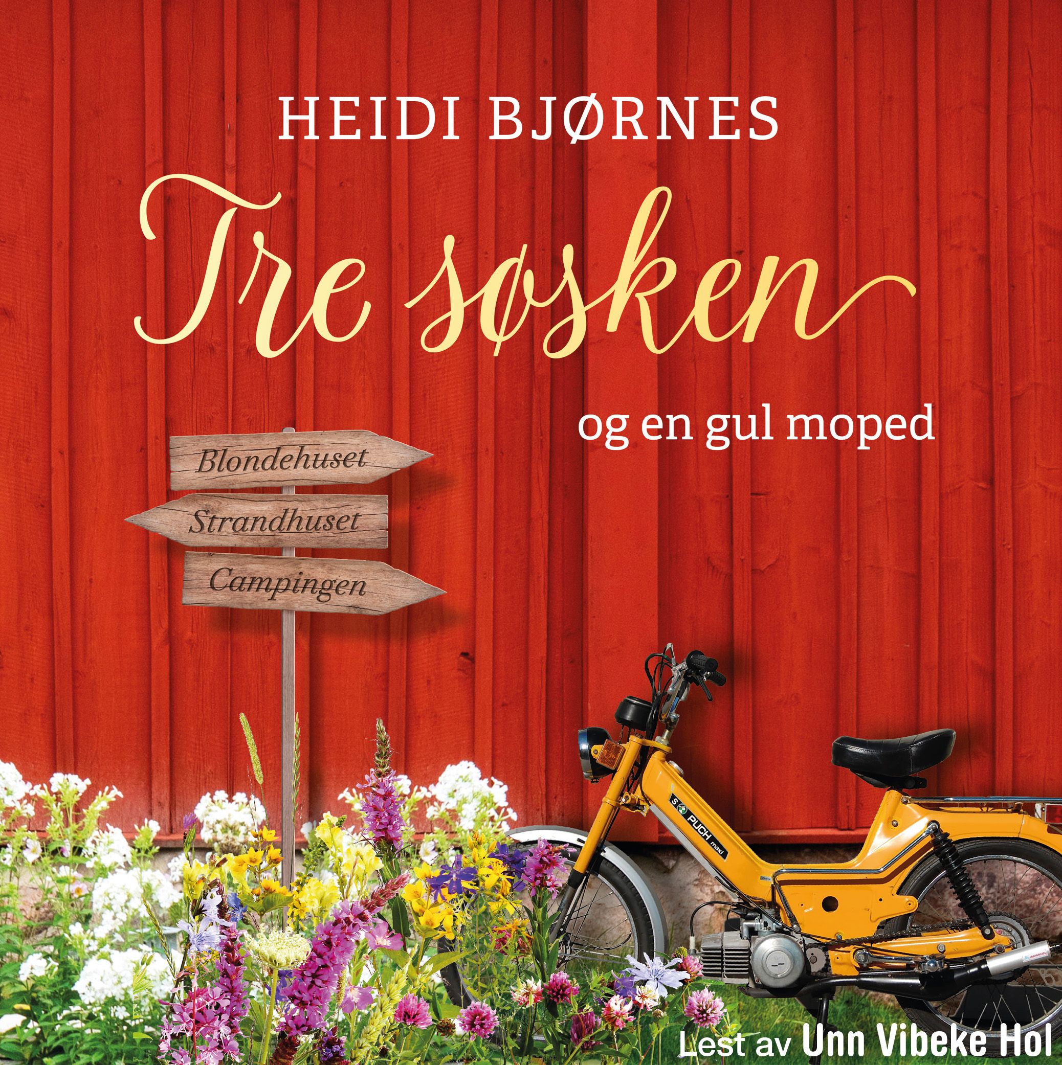 Tre søsken og en gul moped