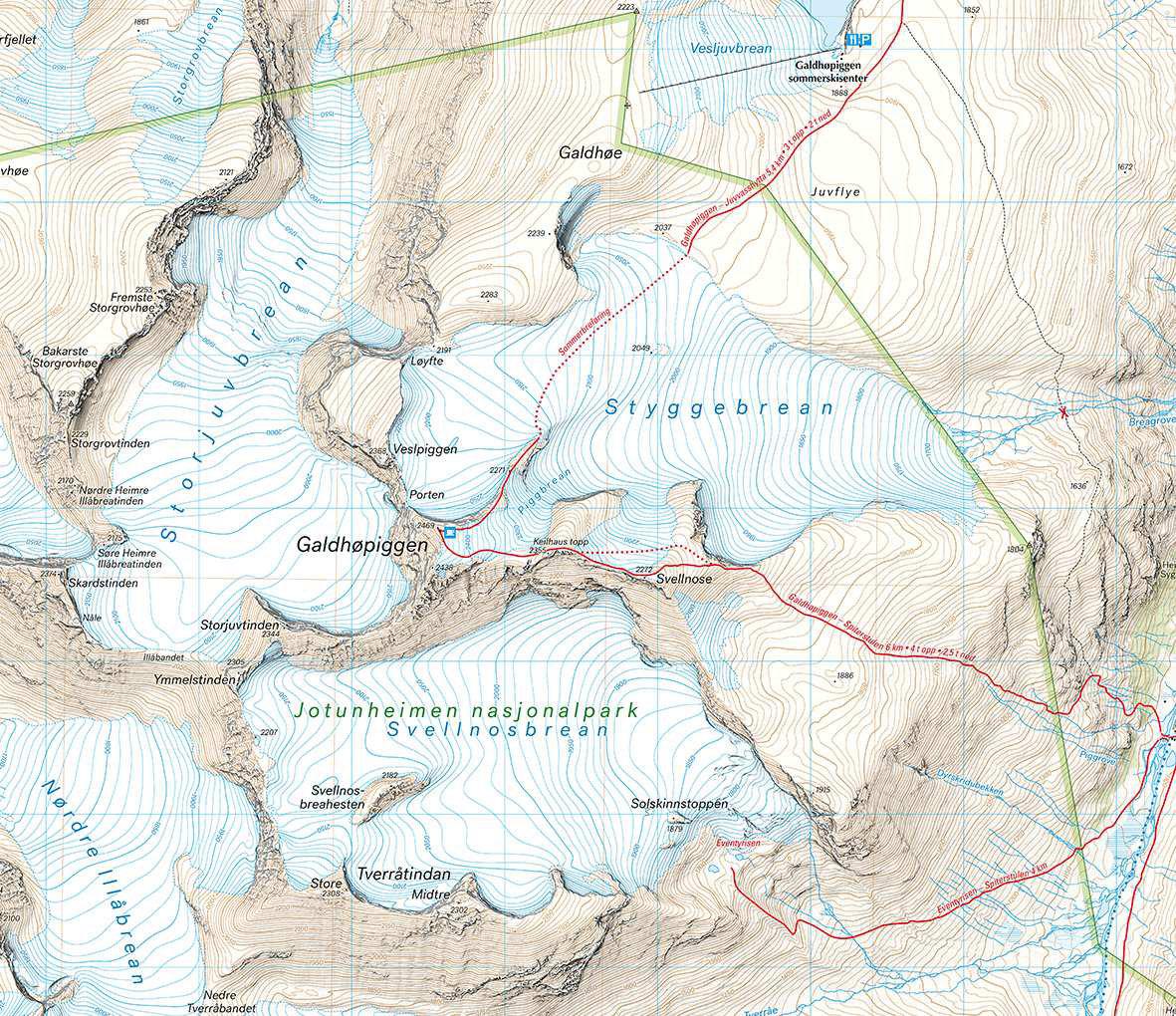 Høyfjellskart Jotunheimen: Galdhøpiggen & Glittertind