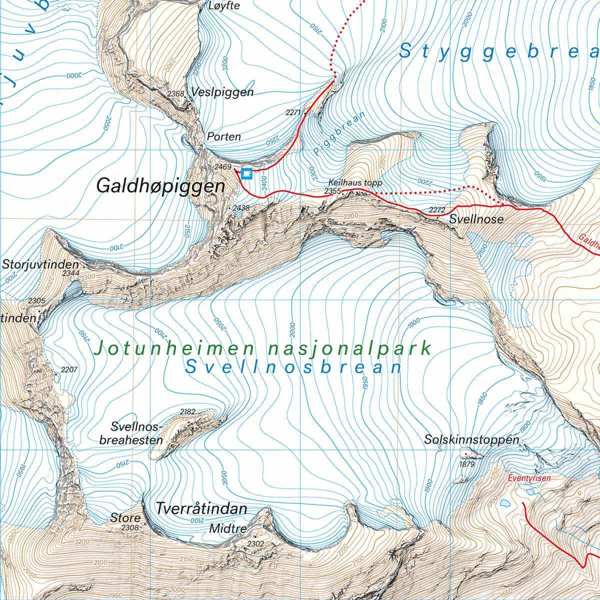 Høyfjellskart Jotunheimen: Galdhøpiggen & Glittertind