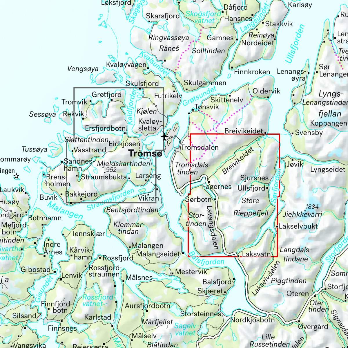 Høyfjellskart Tromsø: Breivikeidet Laksvatn